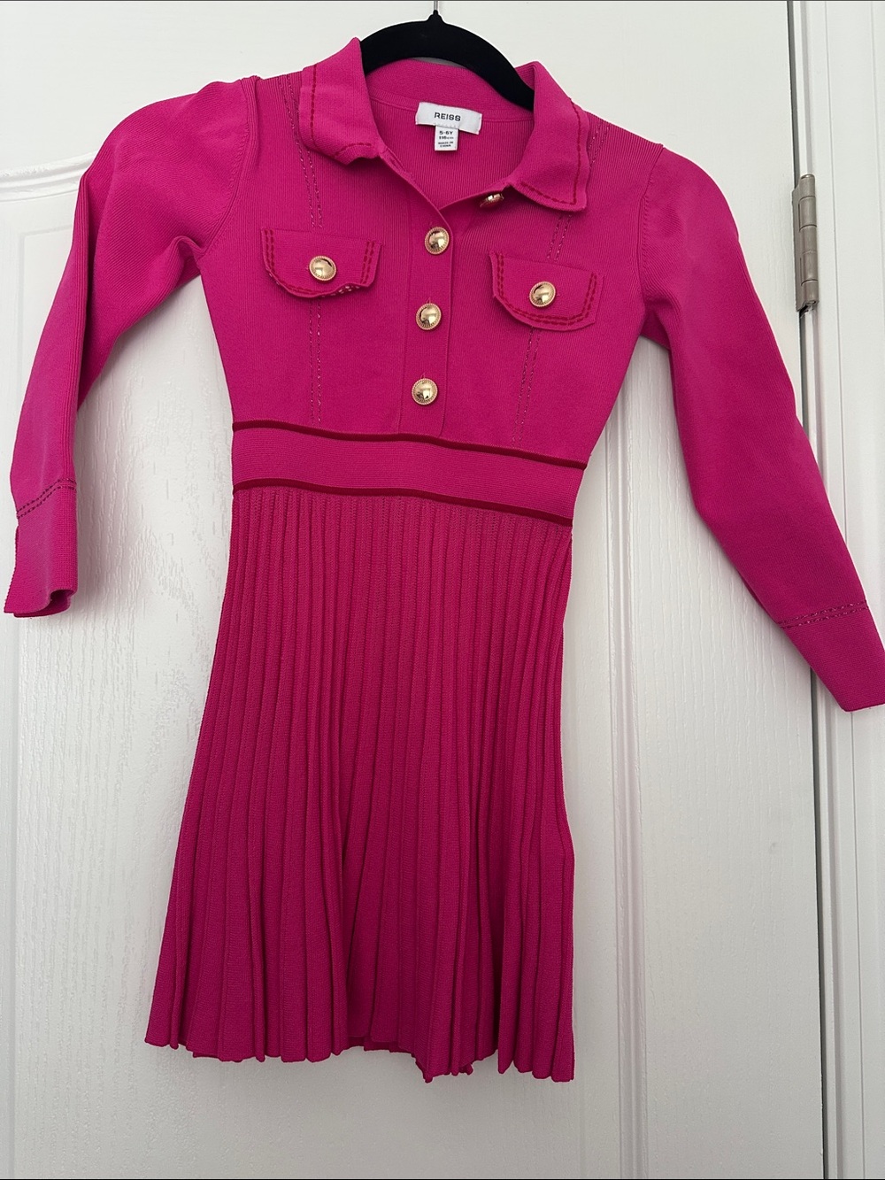 Reiss Girls' Hot Pink Knit Pleated Dress with Gold Buttons